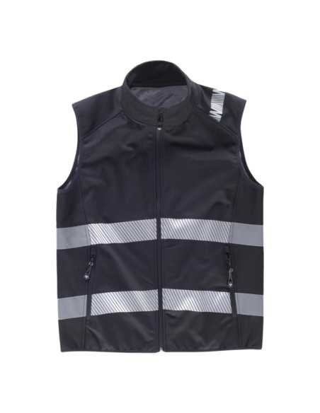 Chaleco Workshell con cintas cosidas y pegadas.