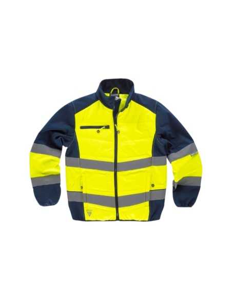 Chaqueta acolchada de alta visibilidad, combinada con Workshell y cintas inclinadas.