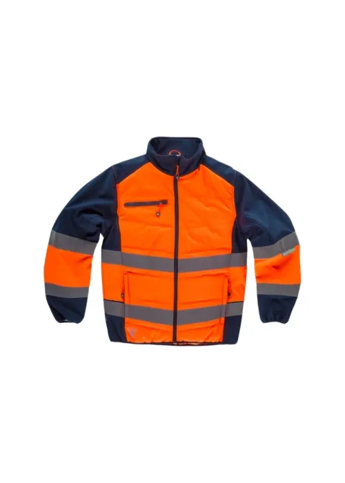 Chaqueta acolchada de alta visibilidad, combinada con Workshell y cintas inclinadas. Chaqueta acolchada de alta visibilidad, combinada con Workshell y cintas inclinadas.