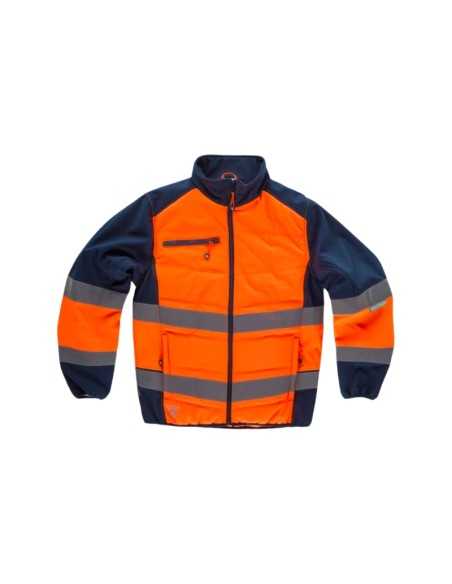 Chaqueta acolchada de alta visibilidad, combinada con Workshell y cintas inclinadas.