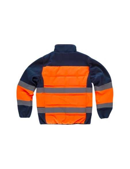 Chaqueta acolchada de alta visibilidad, combinada con Workshell y cintas inclinadas.